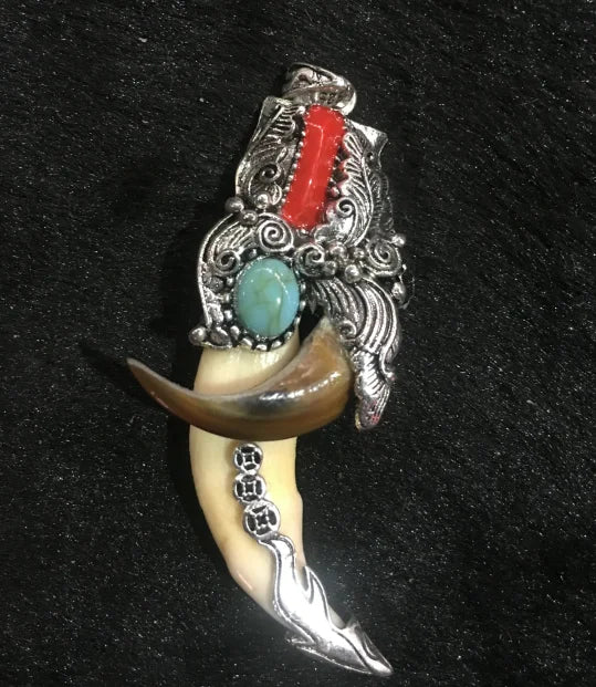 Tibetan Silver Amulet with Turquoise — Antique Wolf Tooth & Bear Claw Pendant