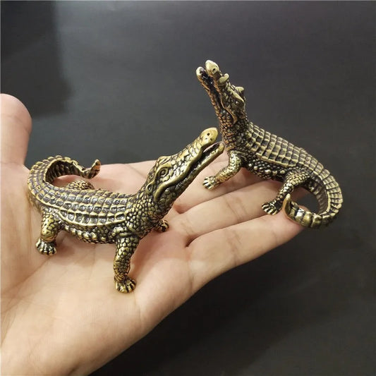 Antique Bronze Crocodile Miniature Figurine – Brass Alligator Desk Ornament