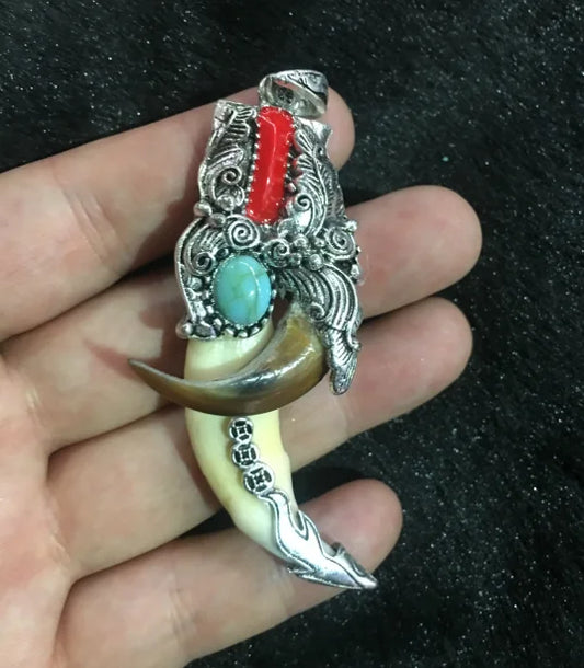 Tibetan Silver Amulet with Turquoise — Antique Wolf Tooth & Bear Claw Pendant