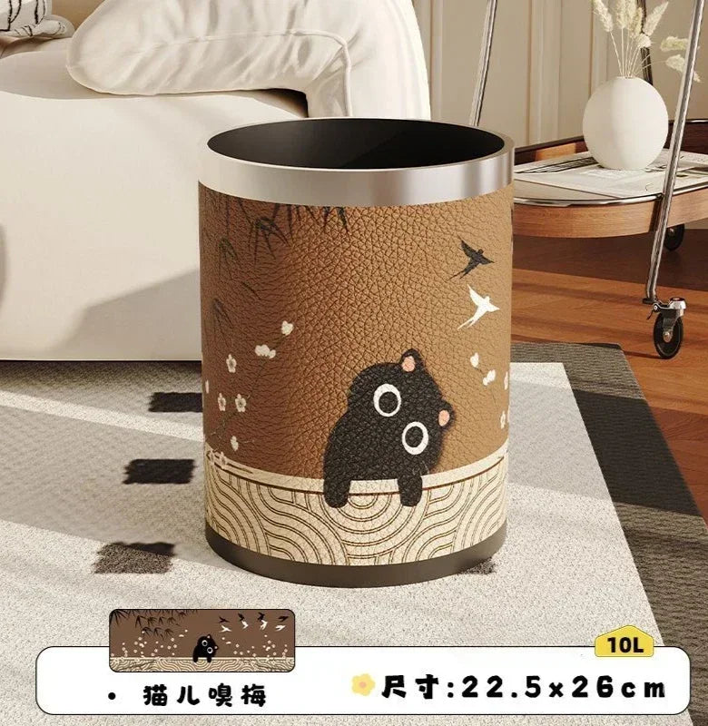 Round Leather Wastebasket – Eco-Friendly Home Trash Bin
