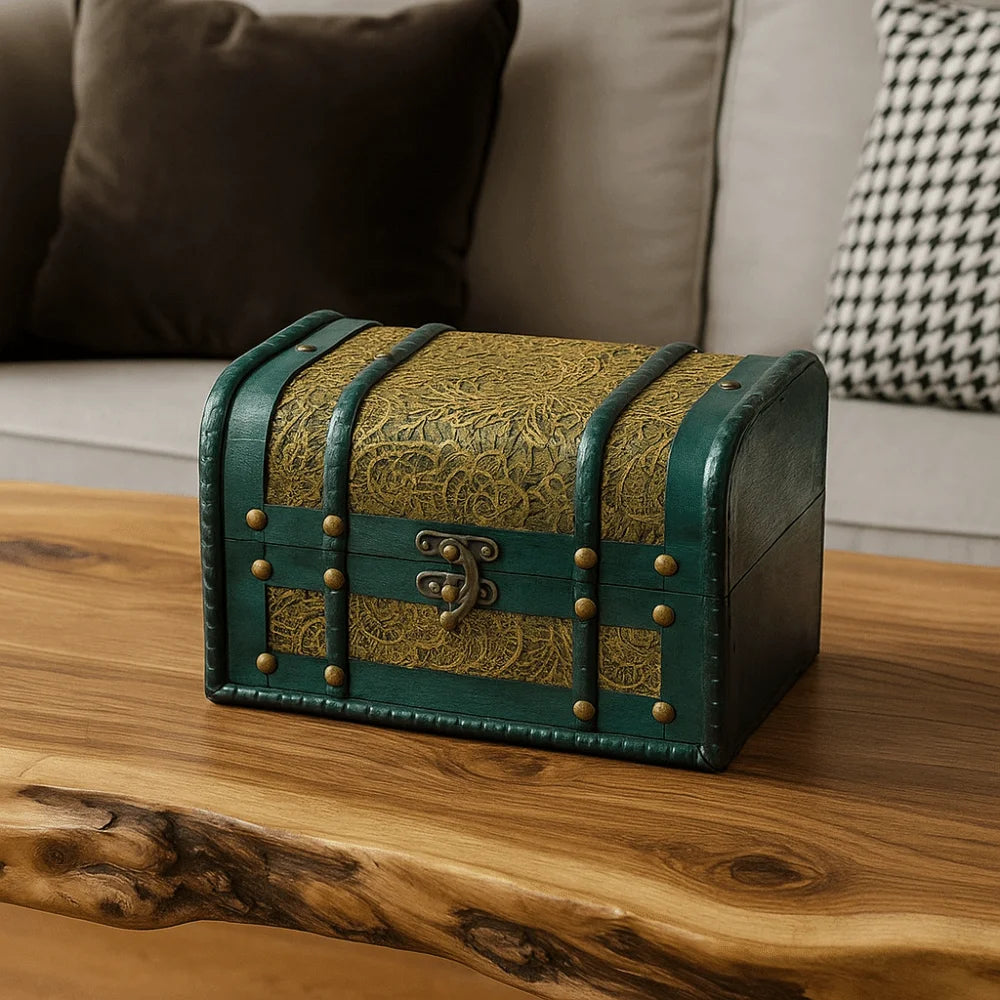 Antique Finish Wooden Jewelry & Keepsake Box — Carved Lid Home Decoration