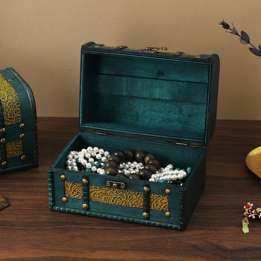 Antique Finish Wooden Jewelry & Keepsake Box — Carved Lid Home Decoration