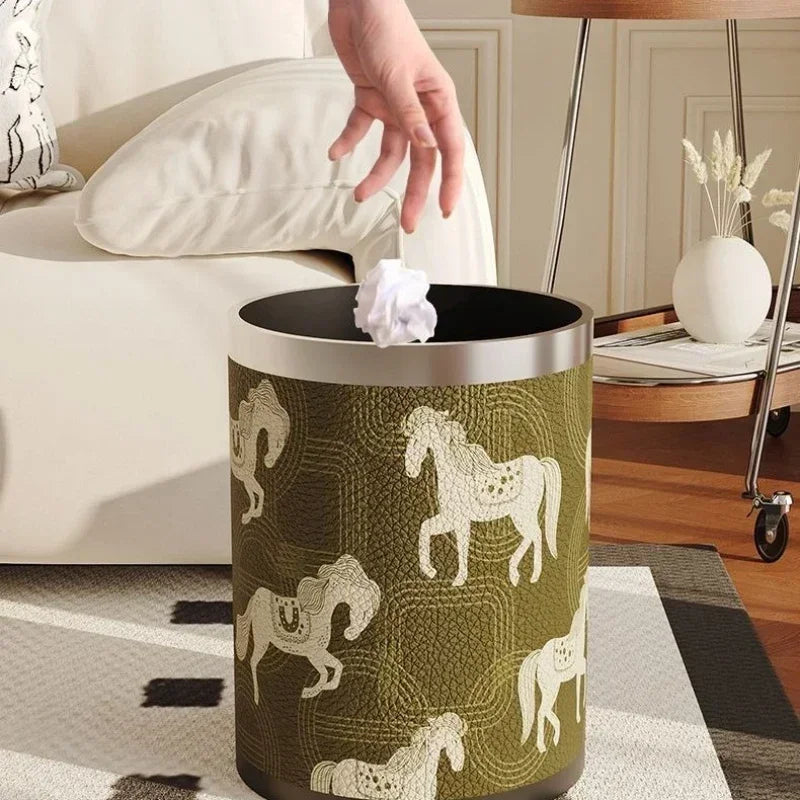 Round Leather Wastebasket – Eco-Friendly Home Trash Bin