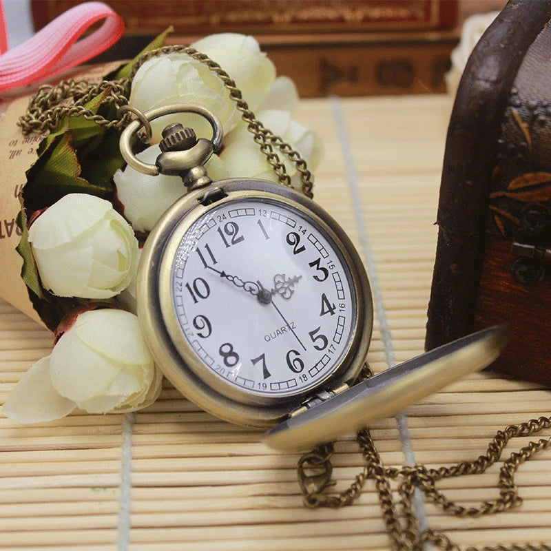 Antique Bronze Pocket Watch Necklace – Unisex Quartz Pendant Chain Timepiece