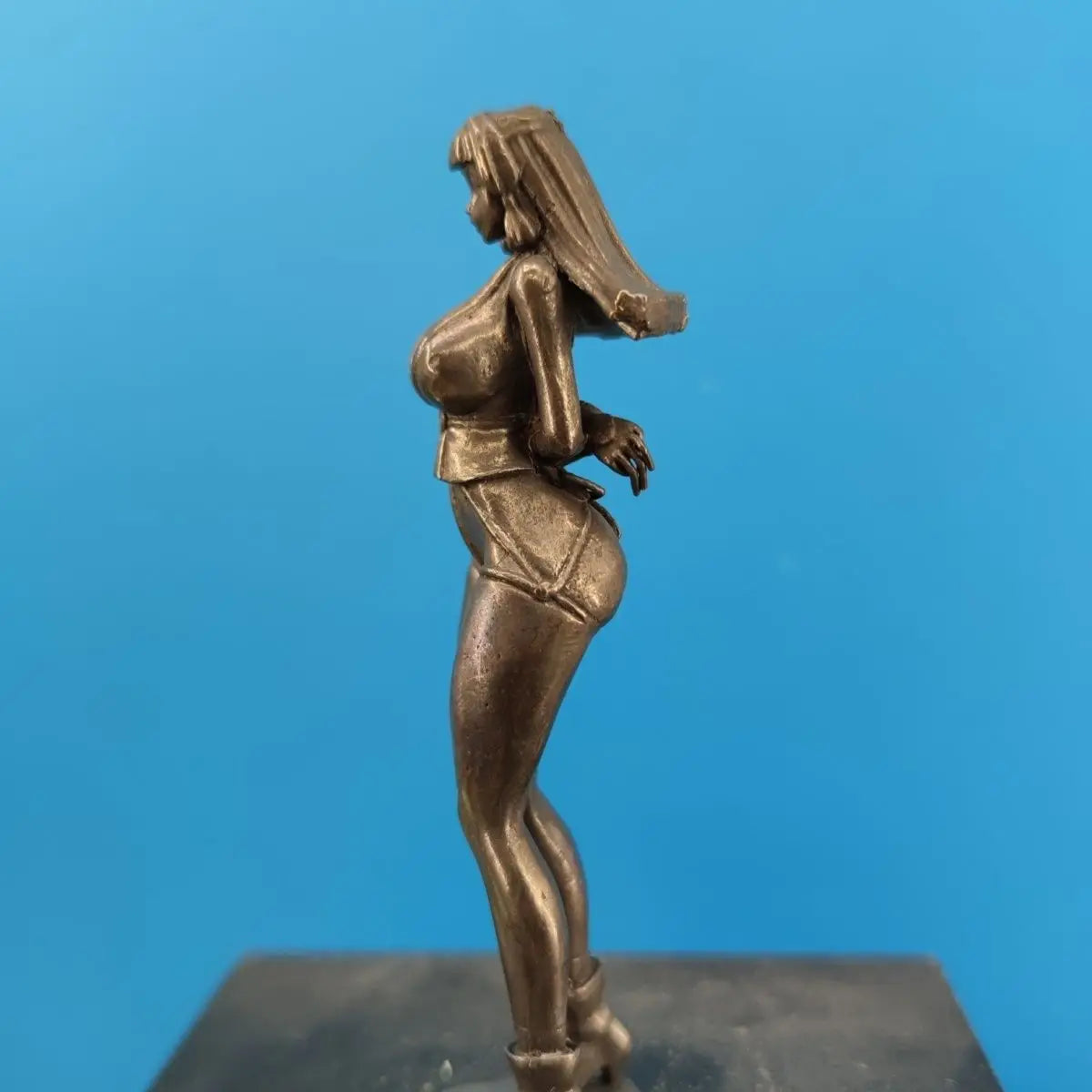 Antiqued Brass Anime Girl Miniature Figurine — Collectible Desktop Ornament