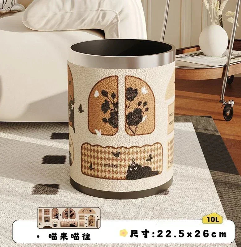 Round Leather Wastebasket – Eco-Friendly Home Trash Bin