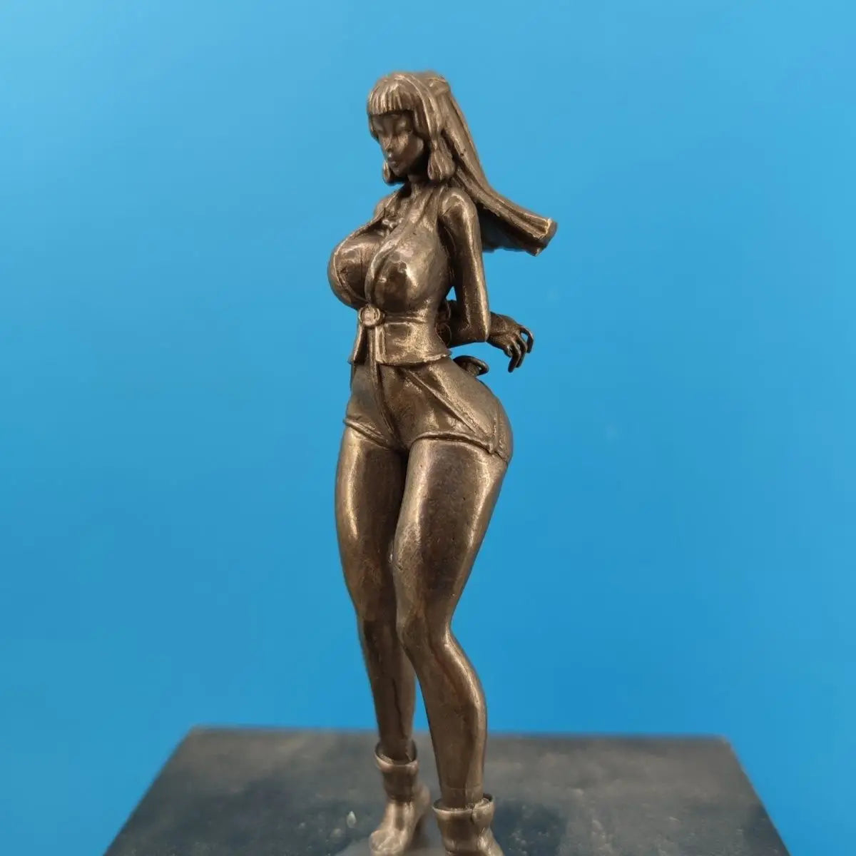 Antiqued Brass Anime Girl Miniature Figurine — Collectible Desktop Ornament