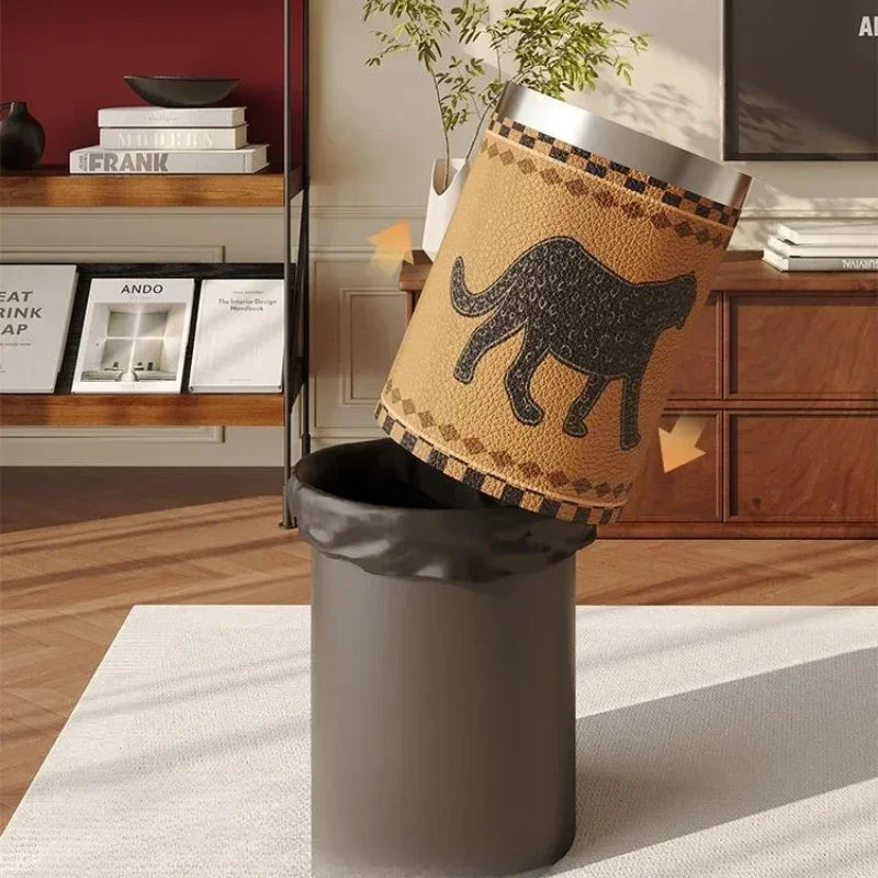 Round Leather Wastebasket – Eco-Friendly Home Trash Bin