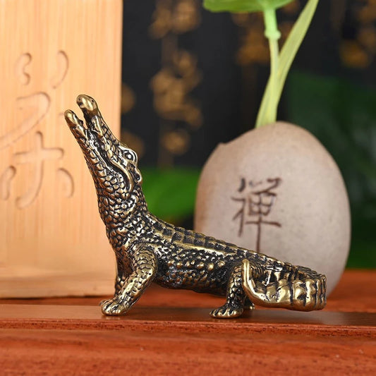 Antique Bronze Crocodile Miniature Figurine – Brass Alligator Desk Ornament